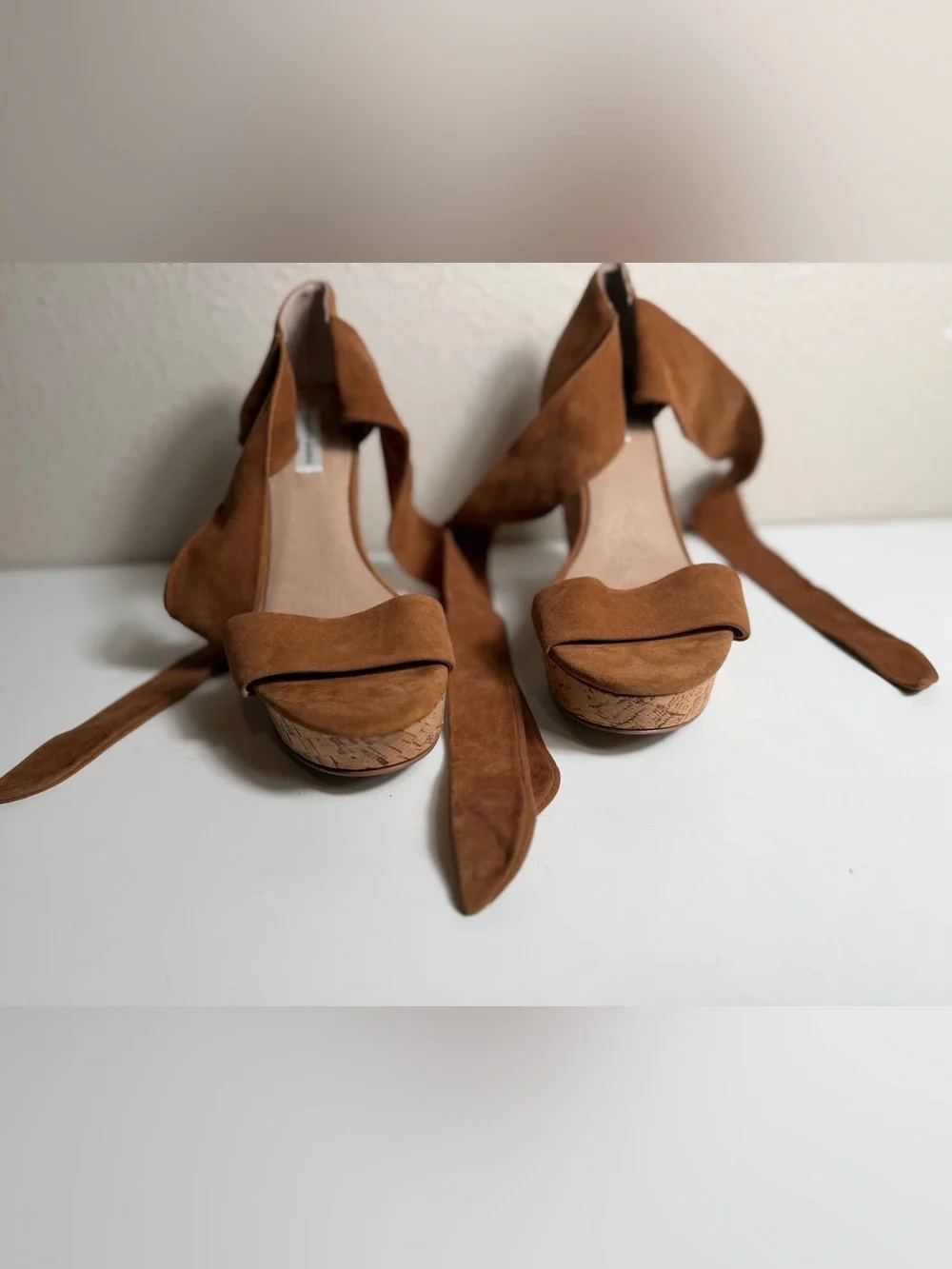 Saks Fifth Avenue~Cognac~Suede Leather Wrap~Cork~Wedge~Platform~Sandal~Size 9.5